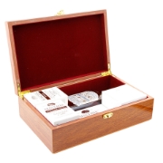 Open luxury wooden gift box for Chios mastiha products showing natural powder, chewable tablets, and mastiha liqueur from Elenianna. Ideal for digestive health and gourmet gifting