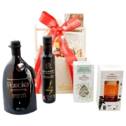 Luxury Cretan food gift basket with PAMAKO olive oil, thyme honey, mountain tea, and artisanal pasta.