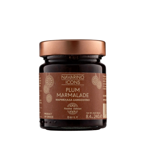 Navarino Icons Festive Plum Marmalade 240g jar, a gourmet Greek jam, shown on a white background