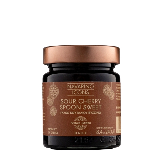 A jar of Navarino Icons Sour Cherry Spoon Sweet (Vissino), Festive Edition, 240g, from Messinia, Greece
