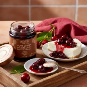 Navarino Icons Sour Cherry Spoon Sweet served as a luxurious topping on a slice of cheesecake, with the open jar and a spoonful on a dish.