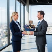 A professional woman presenting The Aegean Blue Collection Greek gourmet gift basket to a businessman in a modern office, illustrating premium corporate gifting.