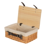 Open buff willow hamper with pine wooden lid and white fabric lining - empty gift box view.