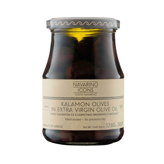 Navarino Icons Kalamon Olives in Extra Virgin Olive Oil 360g jar, hand-picked and sun-ripened gourmet Greek olives from the Peloponnese.