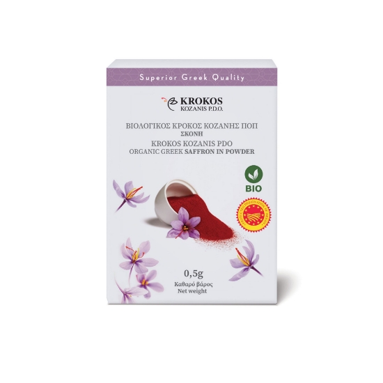 Close-up of Krokos Kozanis 0.5g organic saffron powder and hand-picked filaments with authentic European P.D.O. certification logos.