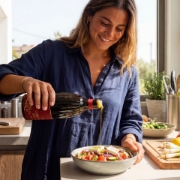Young woman pouring Corinto Limited Edition Extra Virgin Olive Oil onto a fresh Greek salad in a bright, modern kitchen