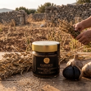 Samynthos Organic Tahini with Black Garlic 200g - Cold-Pressed on a clean ecommerce background