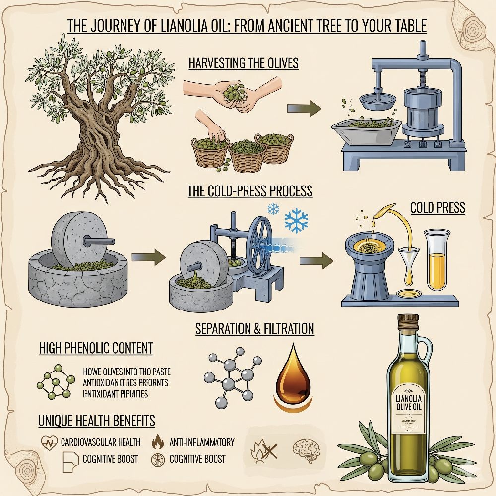 Infographic: The Journey of Lianolia Olive Oil from Tree to Bottle, showing harvesting, cold-press process, separation, high phenolic content, and health benefits.